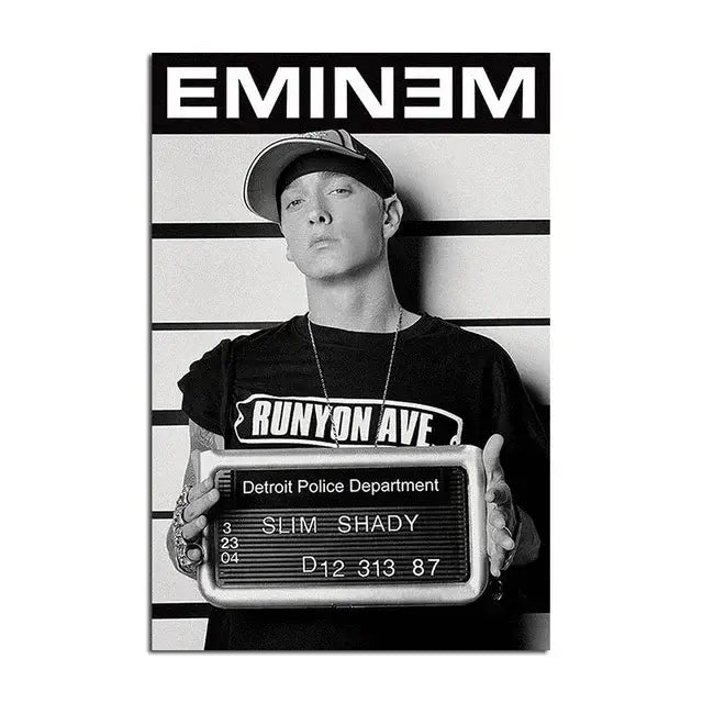 Black and white eminem canvas wall art featuring mugshot pose with detroit police sign for home decor by decorbites