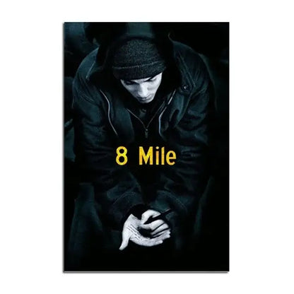 Dark poster wall art featuring a man in beanie jacket with 8 mile in yellow eminem canvas for home decor