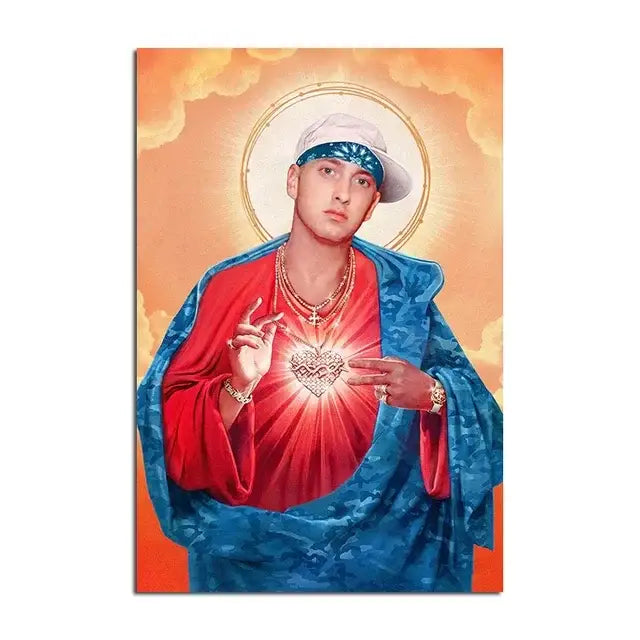 A vibrant Eminem canvas wall art featuring a stylized portrait in blue and red robes for home decor