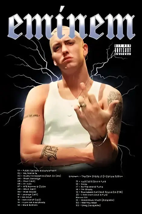 DecorBites Eminem posters and prints featuring black and white music star wall art with lightning bolt background