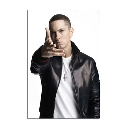 Black leather jacket with subtle logo and red collar trim featured in DecorBites™ Eminem music star wall art