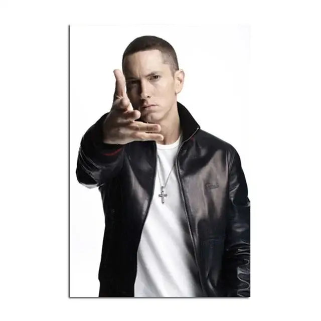 Black leather jacket with subtle logo and red collar trim featured in DecorBites™ Eminem music star wall art