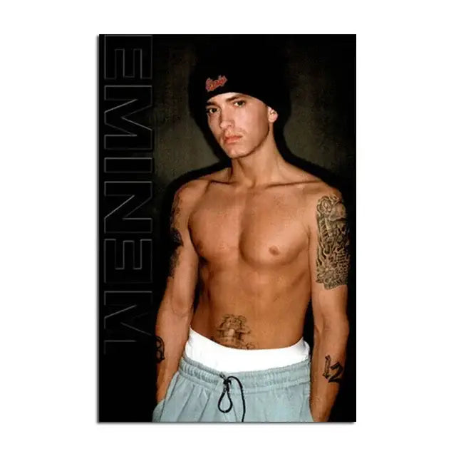 Black beanie with red embroidered logo paired with decorbites emineme posters music star wall art prints
