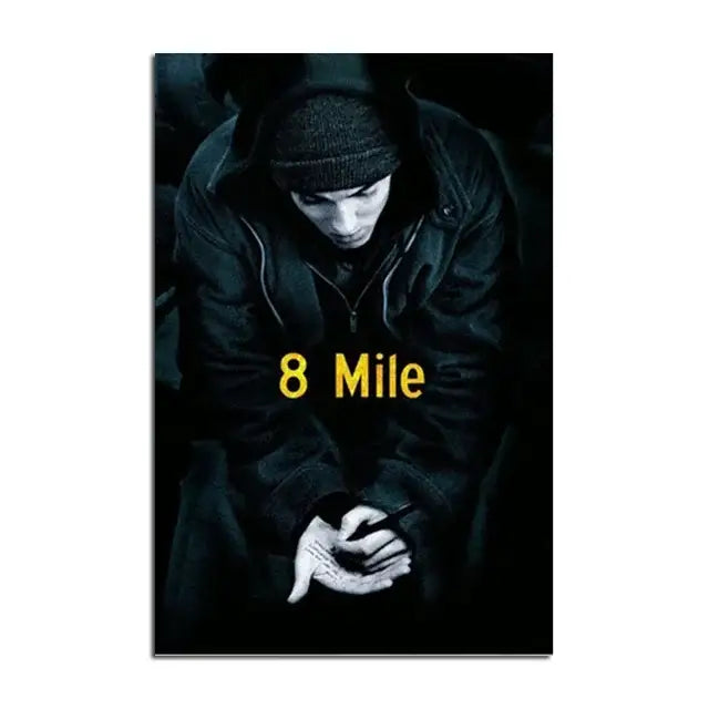 Dark poster wall art featuring a music star in a beanie with yellow 8 mile text for music star wall decor