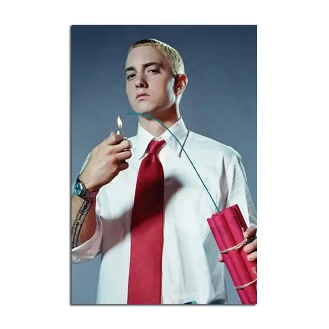 A rectangular Eminem poster in a white shirt and red tie holding pink dynamite as music star wall art decor