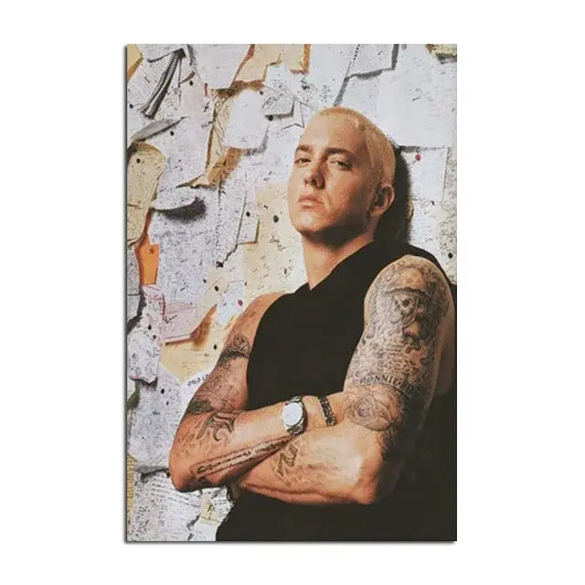 Rectangular decorbites™ poster of music star eminem with crossed arms and tattoos against peeling paper wall art background