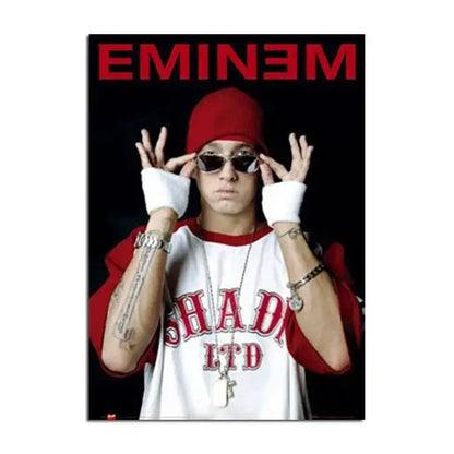 DecorBites™ eminem posters featuring music star wall art with eminem wearing a red beanie for stylish decor