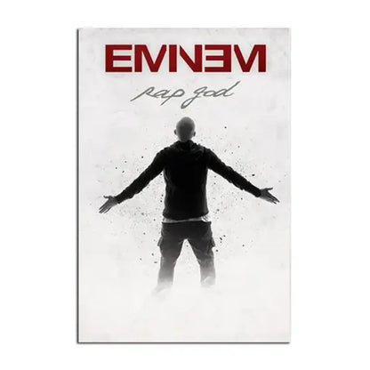 DecorBites Eminem posters wall art featuring red rap god album cover with black silhouette music star on white background