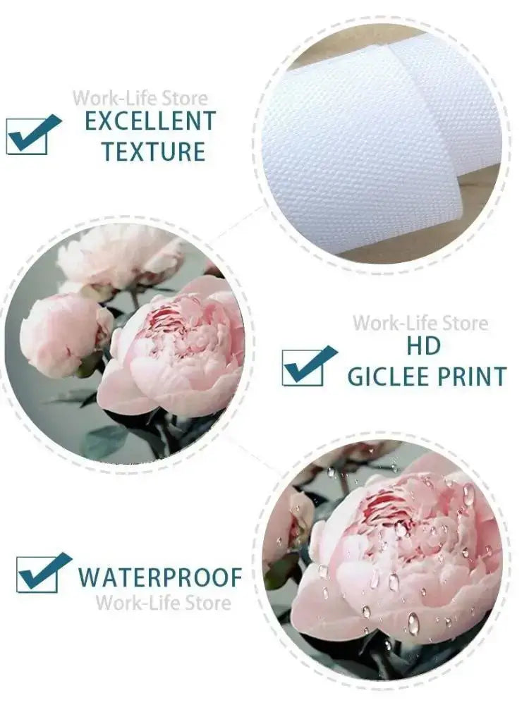 Decorbites Eminem posters and prints featuring soft pink peony wall art on textured waterproof canvas with giclee ink