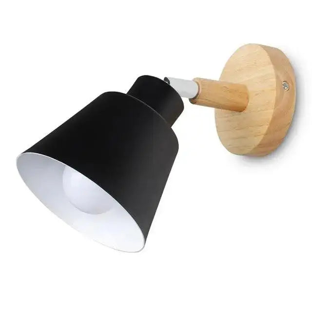 Black matte metal eryka wall sconce with wooden base and adjustable arm from DecorBites modern nordic wall sconce collection