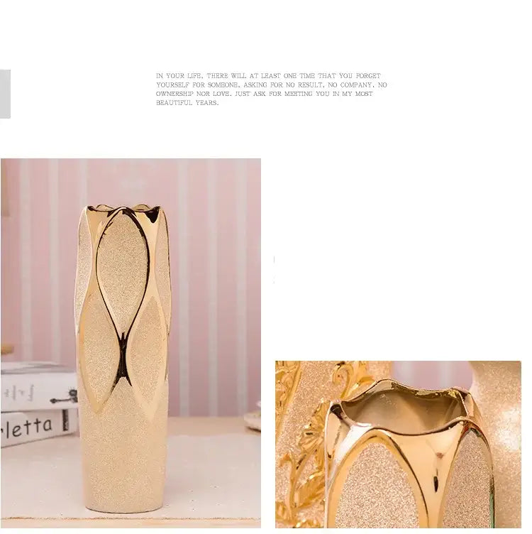 DecorBites™ Europe gold-plated ceramic vase with textured glittery finish and elegant leaf design for home decor
