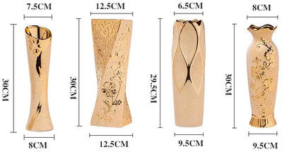 Four gold-plated ceramic vases with floral and abstract patterns for elegant home decor by DecorBites Europe