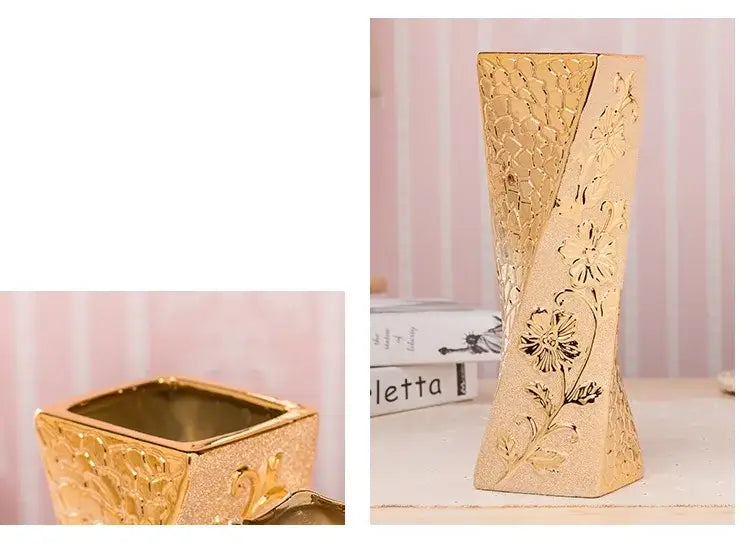 Decorbites europe gold-plated ceramic vase in gold with intricate floral embossing and glittery finish for home decor