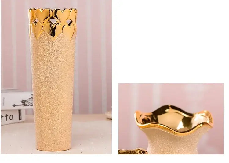 DecorBites Europe gold-plated ceramic vase with golden glitter, heart-patterned rim, and scalloped base for home decor