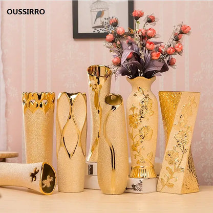 Decorbites™ europe gold-plated ceramic vase set with elegant cream and gold floral patterns for home decor display