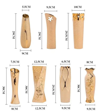 Set of six DecorBites Europe gold-plated ceramic vases with floral patterns for elegant home decor accents