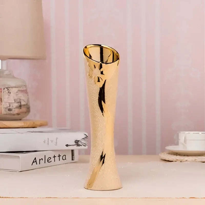 DecorBites™ europe gold-plated ceramic vase in slender gold color with textured surface for elegant home decor