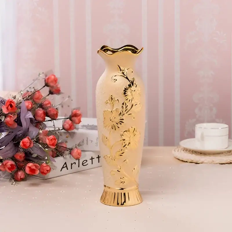 Decorbites™ Europe gold-plated ceramic vase with intricate floral embossing and fluted rim for elegant home decor