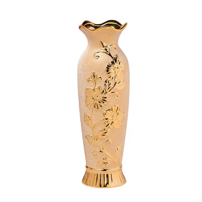 DecorBites™ europe gold-plated ceramic vase with frosted peach body and floral patterns for elegant home decor