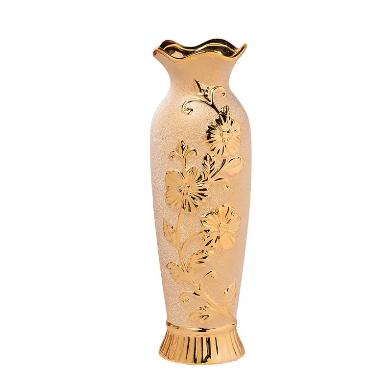 DecorBites™ europe gold-plated ceramic vase with frosted peach body and floral patterns for elegant home decor