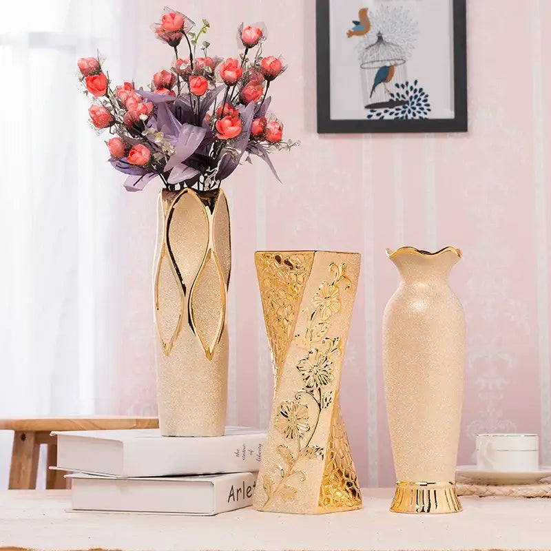 Three elegant decorbites europe gold-plated ceramic vases with beige and metallic finishes for home decor