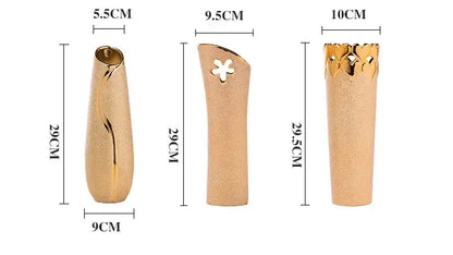 Three gold-plated ceramic vases with textured surfaces and decorative tops for elegant home decor by DecorBites Europe
