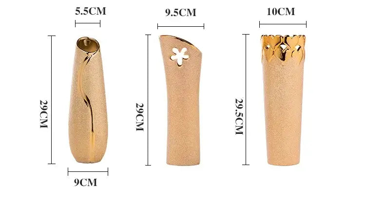 Three gold-plated ceramic vases with textured surfaces and decorative tops for elegant home decor by DecorBites Europe