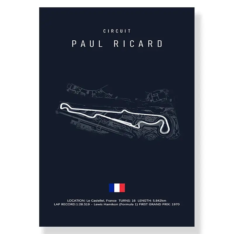 Dark blue canvas painting featuring a white line drawing of the paul ricard race track for living room decor