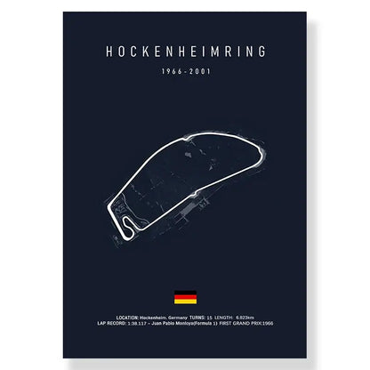 Dark blue canvas painting featuring a white hockenheimring circuit line drawing and german flag for living room decor