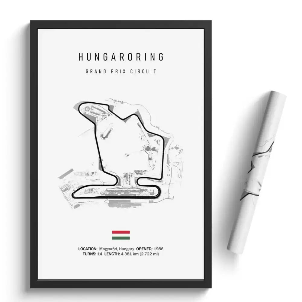 Black-framed minimalist hungaroring grand prix circuit canvas painting with monochrome map and hungarian flag wall art
