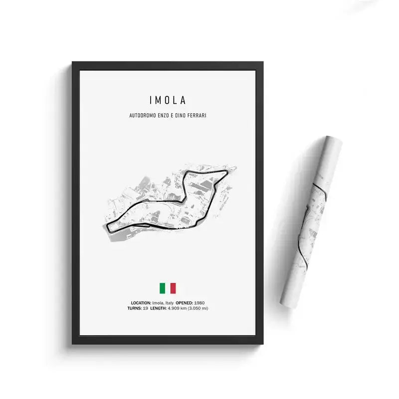 Black-framed minimalist circuit canvas painting of imola autodrome with Italian flag for motorsport wall art