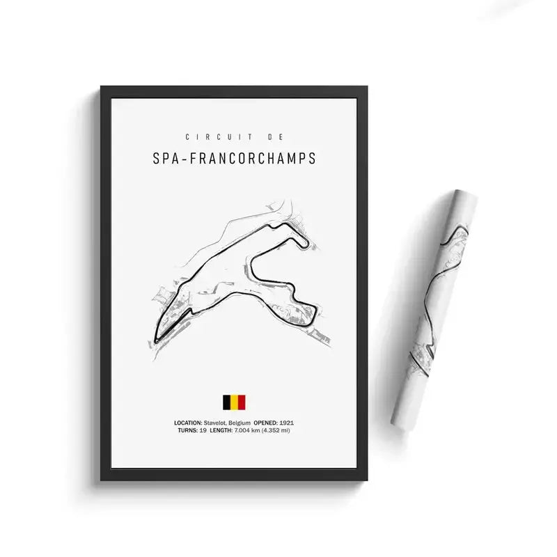 Black-framed minimalist canvas painting of spa-francorchamps circuit with belgian flag wall art by decorbites