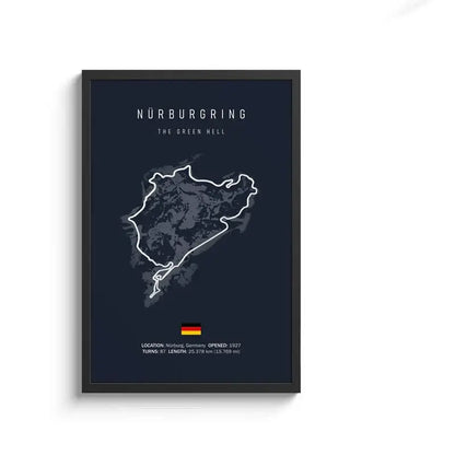 Black-framed dark navy canvas painting featuring white line drawing of Nürburgring race track with German flag wall art