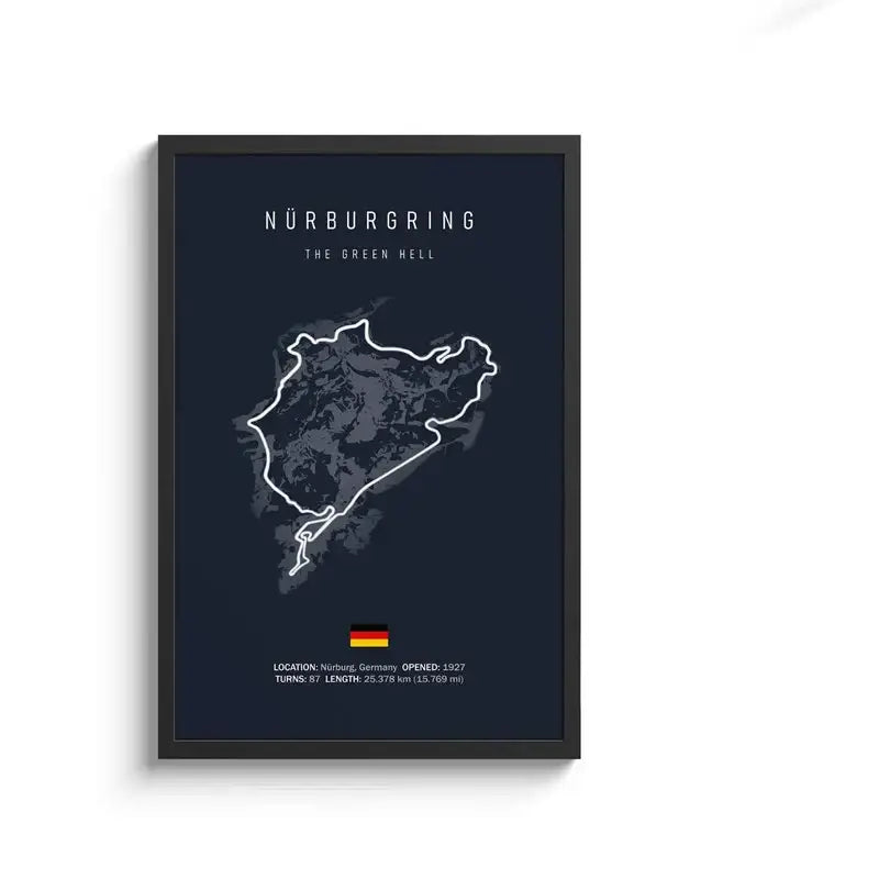 Black-framed dark navy canvas painting featuring white line drawing of Nürburgring race track with German flag wall art