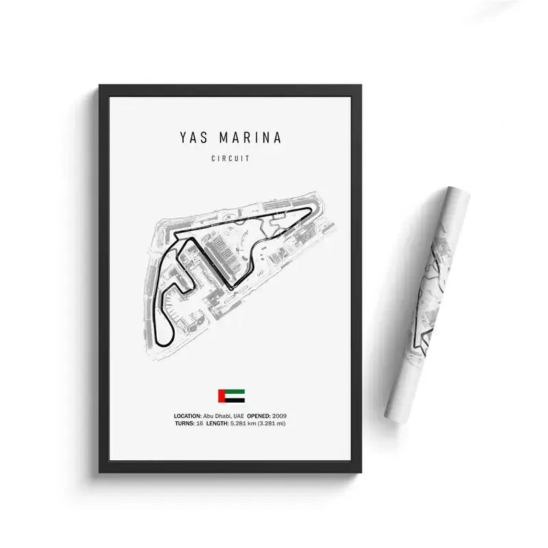 Black-framed minimalist canvas painting of yas marina circuit with monochrome line drawing and uae flag wall art