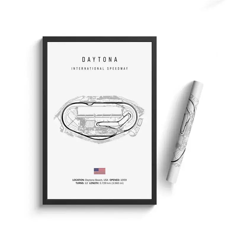 Black-framed decorbites f1 circuit canvas painting featuring minimalist daytona international speedway line drawing wall art