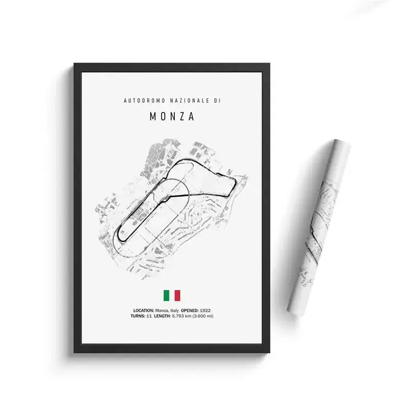 Black-framed decorbites™ canvas painting featuring minimalist monza racetrack line art with italian flag wall art