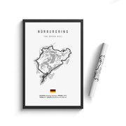 Black-framed grayscale line art nürburgring circuit canvas painting with german flag for motorsport wall art decor