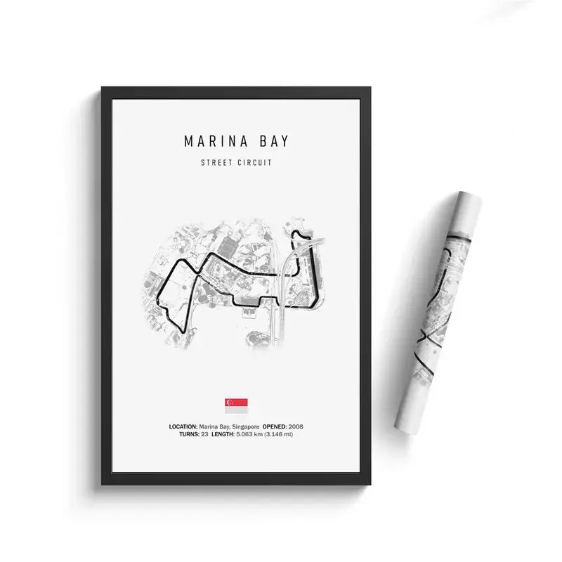Black-framed minimalist canvas painting of marina bay street circuit with singapore flag for motorsport wall art