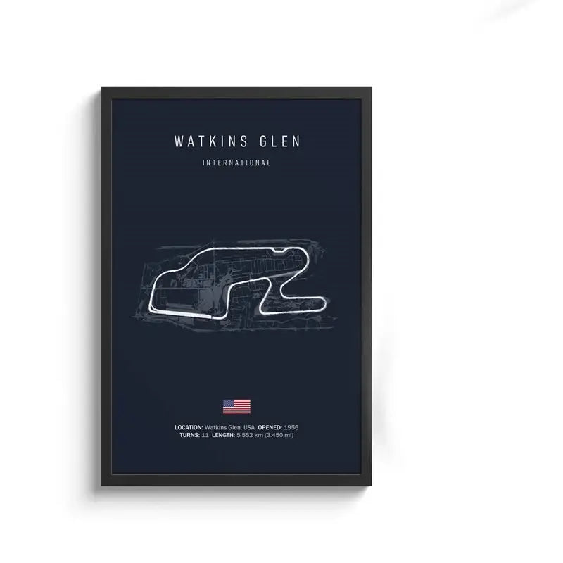 Black-framed decorbites f1 circuit canvas painting with white watkins glen line drawing on dark navy wall art