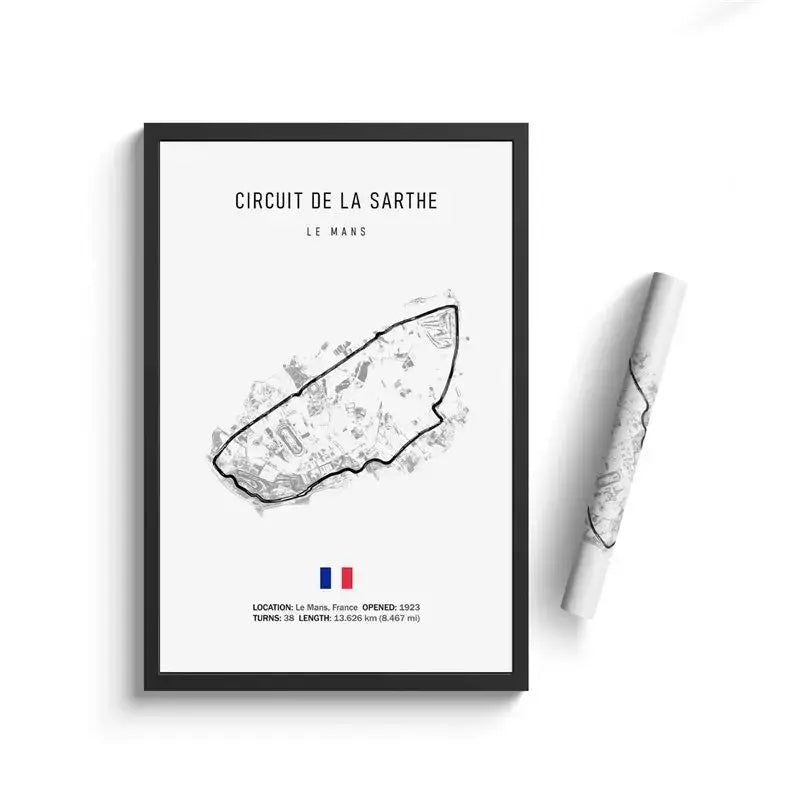 Black-framed minimalist decorbites™ circuit canvas painting featuring detailed circuit de la sarthe line art wall art