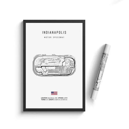 Black-framed circuit canvas painting featuring a grayscale blueprint of indianapolis motor speedway and american flag wall art
