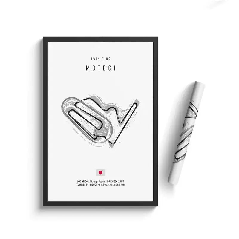 Black-framed minimalist decorbites™ f1 circuit canvas painting featuring a grayscale line-art twin ring motegi map wall art