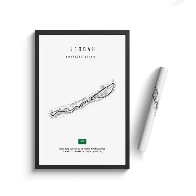 Black-framed decorbites™ circuit canvas with minimalist black and white line art of jeddah corniche circuit wall art