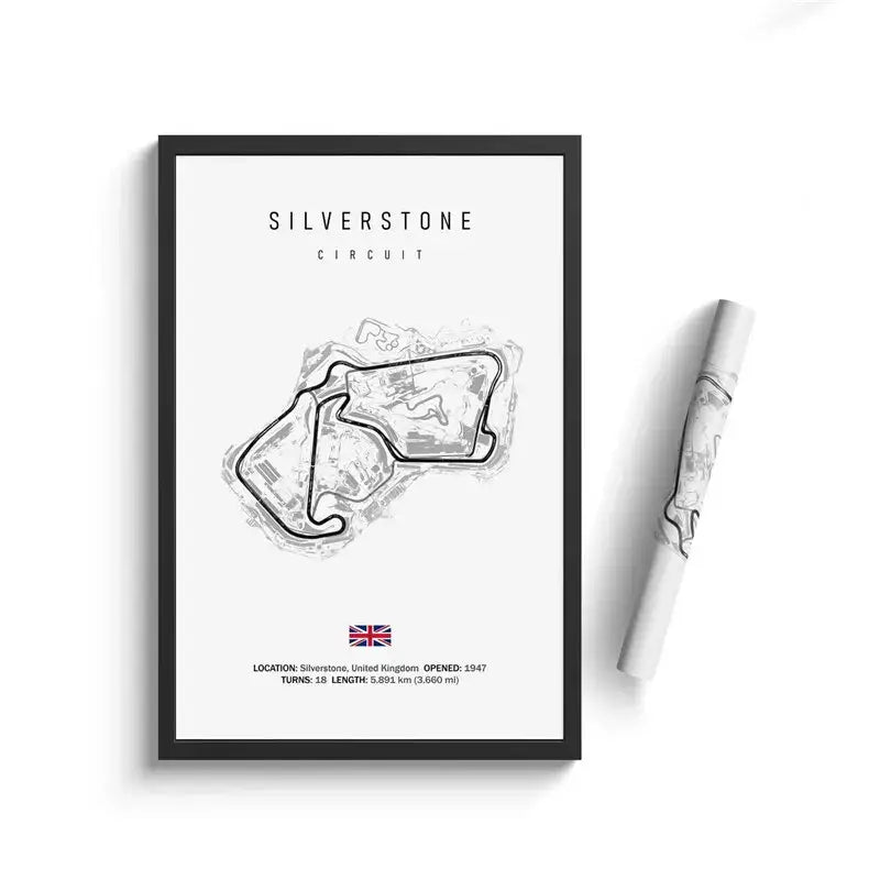 Black-framed minimalist circuit canvas featuring a detailed silverstone circuit line drawing with union jack flag wall art