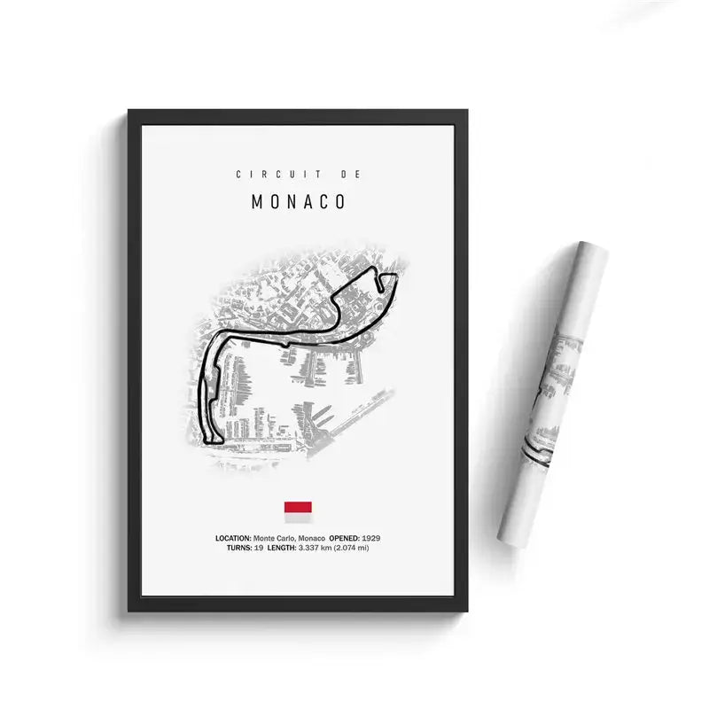 Black-framed minimalist canvas painting featuring a monochrome line drawing of the monaco circuit with motorsport wall art flair