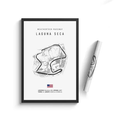 Black-framed minimalist grayscale circuit canvas painting of weathertech raceway laguna seca track layout wall art by decorbites