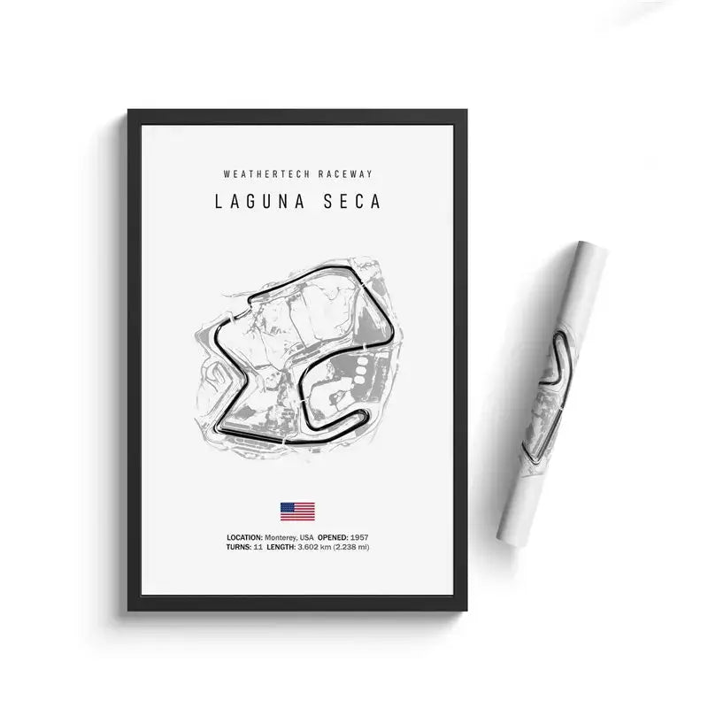 Black-framed minimalist grayscale circuit canvas painting of weathertech raceway laguna seca track layout wall art by decorbites