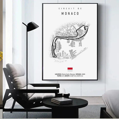 Black-framed decorbites™ f1 circuit canvas painting with minimalist monaco race track line drawing and red flag wall art