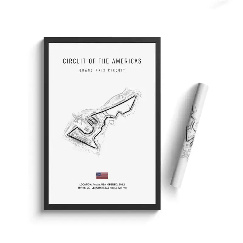 Black-framed circuit canvas painting of circuit of the americas on white paper decorbites motorsport wall art
